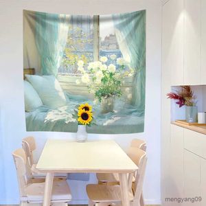 Tapestries Small Fresh Tapestry Window Scenery Flower Printed Dormitory Bedroom Back Ground Cloth Wall Hanging Home Decor R230812