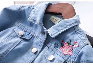 재킷 베이비 걸 패션 자수 꽃 인쇄 데님 재킷 소년 아이 봄 가을 어린이 외투 의상 r230812