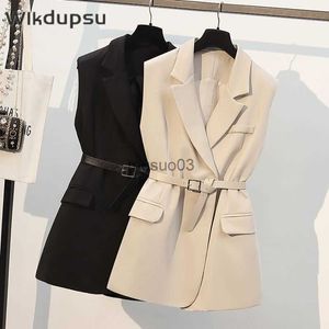 Women's Vests Blazer Vest Outwear Womens Sleeveless Jacket Tops Belt Waistcoat Korean Style Fashion Classic Business Chic Gilet Casual Femme HKD230812