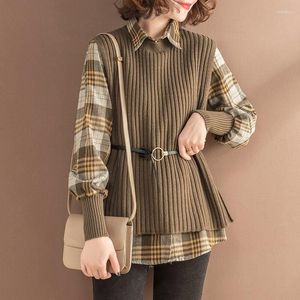 Kvinnors tröjor 2023 Autumn Sticked Vest Shirt Two Piece Set Solid Sweater Plaid Shirts For Female Loose Korean Fashion Knitwear Women