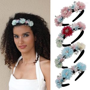 Hair Clips Colorful Fabric Flower Bead Headband For Women Crystal Handmade Simulated Pearl Hairband Black Band Party Summer Jewelry