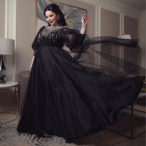 Luxury Crystal A Line Arabic Evening Dresses Beaded Polka Dot Skirt Formal Gown Puffy Sleeve Tulle Birthday Party Dress