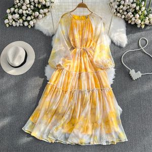 Basic Casual Dresses 2024 Summer Women Sweet Tie-dye Print Dress Mid-Length O-neck Lantern Sleeve Yellow Green Ladies Print Chiffon A-line Dresses Vestido