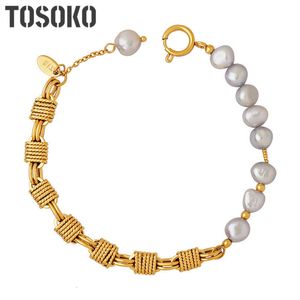 Pulseiras de charme tosoko jóias de cobre de água doce cinza pérolas pêlos de pulseira de splicing splicing square bracelet BSE379 230811