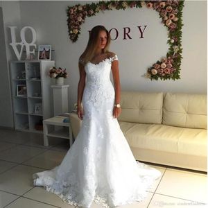 White Simple Elegant Off Shoulders Mermaid Wedding Dresses Full Lace Appliqued Wedding Bridal Gowns Vintage Country Style BC0166297B