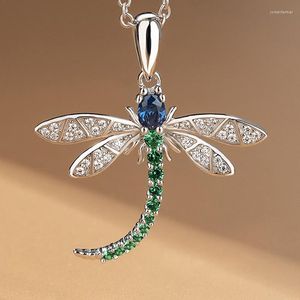 Colares pendentes simples dragonfly de prata da moda para mulheres brilharem azul verde cz incrustação de jóias festas de festa