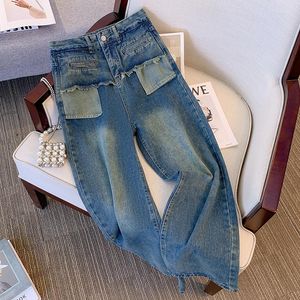 Kvinnors jeans plus size kvinnor denim byxor mode framfickor lösa breda ben kvinnlig avslappnad mångsidig rak blå byxor M-5xl