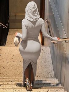 Temel Sıradan Elbiseler Müslüman kapüşonlu Maxi Elbise Sonbahar Kış Uzun Kollu Arka Bodycon Party Club Street Giyim Kıyafetleri Kadınlar için 230811