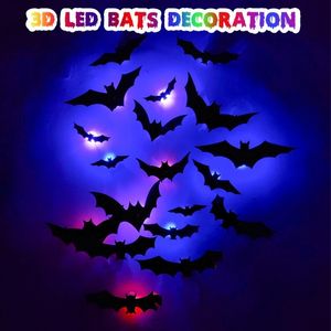 Andra evenemangsfestleveranser 12st Halloween LED -ljus 3D Black Bat Wall Stickers Diy Decor för Bar Room Halloween Party Decoration Scary Decos Props 230812