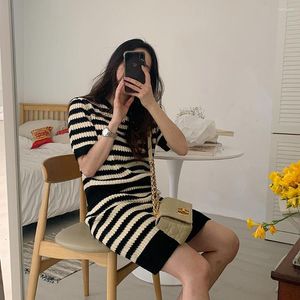 Work Dresses Women's Trendy Knitted Two Piece Set Striped Pattern O-Neck Short Sleeves Knitting Tops Wrapping Mini Skirt Spring Autumn 2023