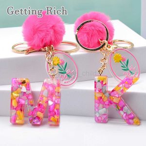 Keychains Lanyards Kawaii 26 Bokstäver Key Chains For Women Purse Handväskor Charms A till Z Harts Alfabet Initialer Pendant med Pink Pompom Flower