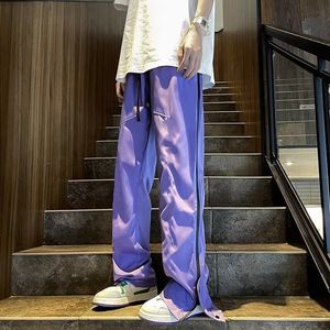 designer Side zippered purple pants Black trousers American high street men's breasted functional long pants Fat men's oversized slim fit micro flared charging pants