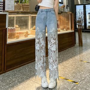 Women's Jeans Lace Womens Fashion Pants Spliced Denim Hollow Out Straight Woman High Waisted Slim Patchwork