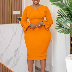 Sıradan elbiseler tasarımı Afrika Sonbahar Kadınlar Şık Midi Elbise Düz Renk Dönüş Yatak Flare Sleeve İnce Bodycon Ofis Lady Pencil