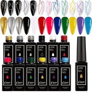 Painted Gel Polish Nail Art Gel Liner Set-12 Colors Red Yellow Green Glitter Slivery Golden Blue French Line Pulling Gel Drawing, Nails Built Thin Line Nail Art Brush