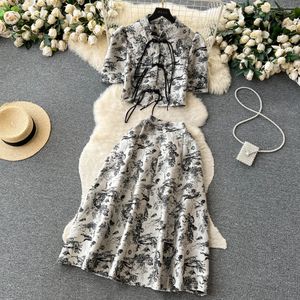 Two Piece Dress New Fashion Retro Suits for Women's Jacquard Bubble Short Sleeve Short Tops + High Waist Slim Half Skirt Two-piece Sets 2024