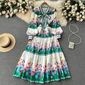 Basic Casual Dresses 2024 Spring Autumn New Vintage Style Flower Print Long Dress For Women's French Bow Collar Floral A-Line Holiday Vestidos