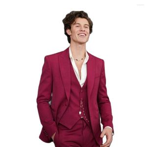 Men's Suits Dark Red 3 Pieces Slim Fit Mens Suit 2 Button Shalw Lapel Wedding Tuxedos Custom Made Males Prom Outfit