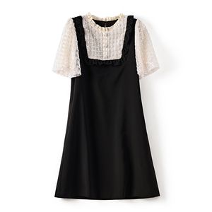 2023 Summer Black Contrast Color Panel Panel Dress Kort ärm Runda nack Knäslängd Casual Dresses W3Q064606