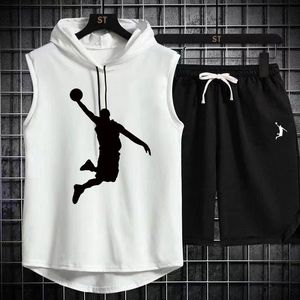 Men's Tracksuits Summer Mens Muscle Hoodie Vest Sleeveless Bodybuilding Gym Workout Fitness Shirt High Quality Vest Hip Hop Sweatshirt suit 230812