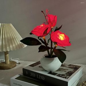 Night Lights LED Flowerpot Potted Rose Reading Table Lamp Safe Button Battery Simulated Lightweight For Home Decoration Supplies