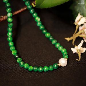 Chains Pearl Necklace 4mm Women's Burmese Stone Dark Green White Sweater Chain