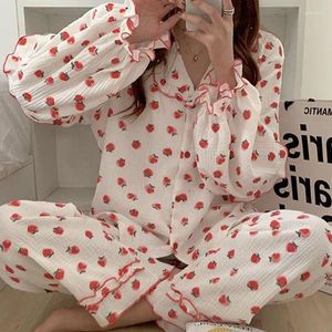 Pijama coreano de algodão para mulheres para mulheres para mulheres pijama morango de morango pijamas fêmea feminina feminina 2 peças fofas loungewear