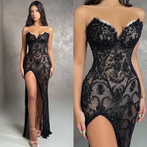 Sexy Black Mermaid Evening Dresses Beading Lace Sweetheart Party Prom Split Formal Long Red Carpet Dress for special ocn