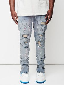 Herren Jeans Seitenschlitz Reißverschluss Farbe Slim Fit Cotton Ripped Denim Pants Autumn High Street Fashion Knie Abrieb hellblau 230811