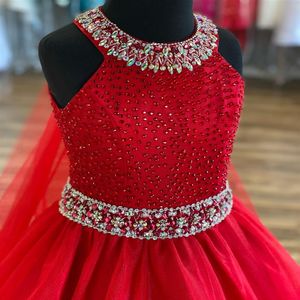 Crystals Girl Pageant Dress 2022 Ballgown AB Stone Red Organza Little Kid Birthday Formal Party Gown Toddler Teens Preteen med TU242C