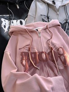 Felpa con cappuccio da uomo Harapoo Sweet Bow Stampa con cappuccio oversize rosa Donne Hiphop High Street Felpa con cerniera Slouched con cappuccio Tops Autunno 230811