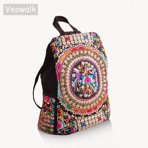 学校のバッグVeowalk Vintage Artistic Embroidered Women Canvas Backpack手作りの花の刺繍リュックサックスクールバッグデニムトラベルバッグ230811