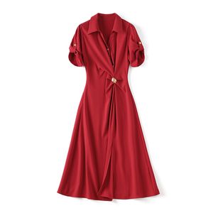 2023 Summer Red Solid Color Dress Short Sleeve Lapel Neck Buttons Midi Casual Dresses W3Q064710
