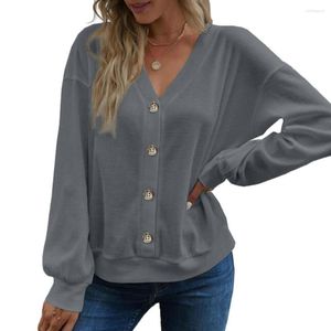 Kvinnors blusar Kvinnor Topp V Neck -knapp Dekor Lossa långa ärmar Solid Color Pendut Elastic Cuff Soft Warm Blus Fall Spring Clothes