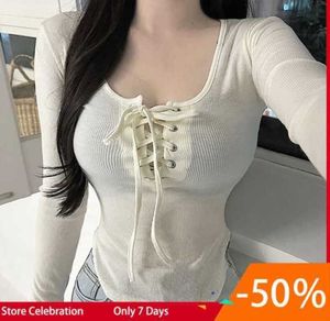 Women T Shirts beige Korean Fashion Girls Sexy T-shirt Long Sleeves Tied Up Slim Waist U Neck Rib Cotton Elastic Knitted tops9907