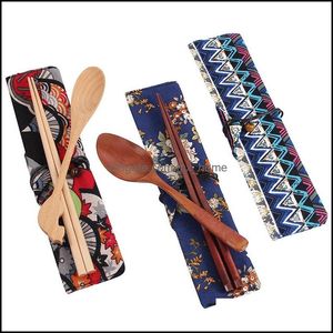أدوات المائدة مجموعة أدوات المائدة الصينية أدوات المائدة الخشبية مع حقيبة قماش ملعقة شوكة