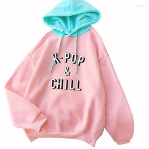 Women's Hoodies Y2k Pullover Hit Color Splic Fleece Kpop And Chill Letter Print Loose Korean Top Harajuku Hooded Sweatshirt