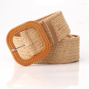 Belts Boho Chic Straw Waist Belt With Oval Embossed Wooden Buckle Bamboo Raffia Stretch For Dresses KHAKI WOVEN BOHEMIAN