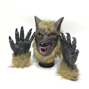 Máscaras de festa Cosplay horrível Creepy Animal Wolf Ear boca, garra luvas de mão Scary Halloween máscara de face completa para o capacete