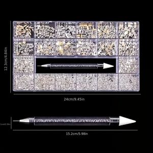 21グリッドネイルアート透明なラインストーンセット、爪の装飾用の光沢のあるクリスタルガラスABラインストーン宝石、ドリルペン付きの石の宝石、爪の装飾デカール
