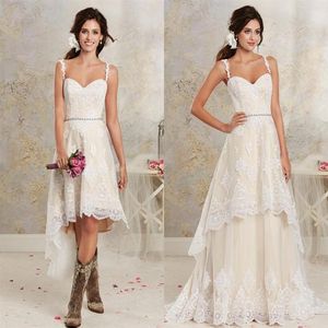 2019 Cheap Beach High Low Wedding Dresses with Detachable Train Spaghetti Straps Lace Appliqued Overskirt Bridal Gowns319Z