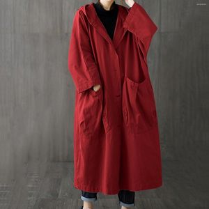 Kvinnors dike rockar Autumn Casual Womens Long Breasted Hooded Coat Lapel Midi Längd Puffy Overcoat High End Elegant Temperament Solid