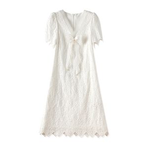 2023 Summer White Solid Color EmbroideryDress Short Sleeve V-Neck Knee-Length Casual Dresses W3Q064505