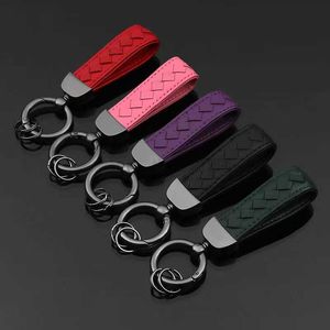 Keychains Lanyards 2022 Luxury Genuine Leather Lanyard Keychain Men Women Square Pattern Gunmetal Buckle Car Key Ring Holder Jewelry