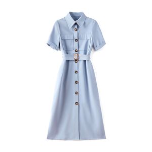 2023 Summer BlueSolid Color Waist Belted Dress Short Sleeve Lapel Neck Double Pockets Knee-Length Casual Dresses W3Q064706