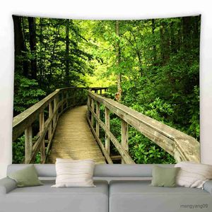 Tapestries Rural Nature Landscape Tapestry Forest Plant Rustic Wooden Bridge Waterfall Fabric Wall Hanging Living Room Bedroom Garden Decor R230812