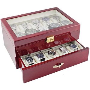 Pudełka na biżuterię luksusowe duże drewniane pudełka zegarkowe przechowywanie pudełko zegarkowe podwójna warstwa biżuteria męskie zegarki na wyświetlacz etui na prezent 230811
