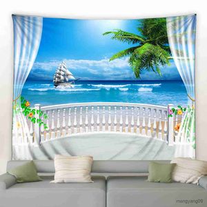 Tapisseries Multi Mönster utanför fönstret Sea Sidan Landskap Ocean Bakgrund Vägg Hängande tryck Tapestry Room Decor Home Bedroom Filt R230812