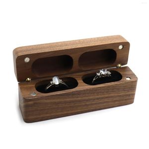 Bolsas de jóias Ringos de madeira Caixa de casal portátil portátil Slot duplo para aniversário