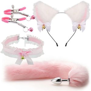 Anal Toys Sex Plug Tail Bow Metal Butt Cute Bowknot Soft Cat Ears pannband Erotiska cosplaypar Tillbehör 230811